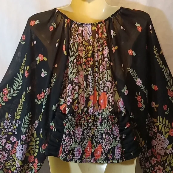 Free People Womens Small Top Final Rose Black Floral Blouse Sheer Balloon Sleeve - Picture 7 of 10